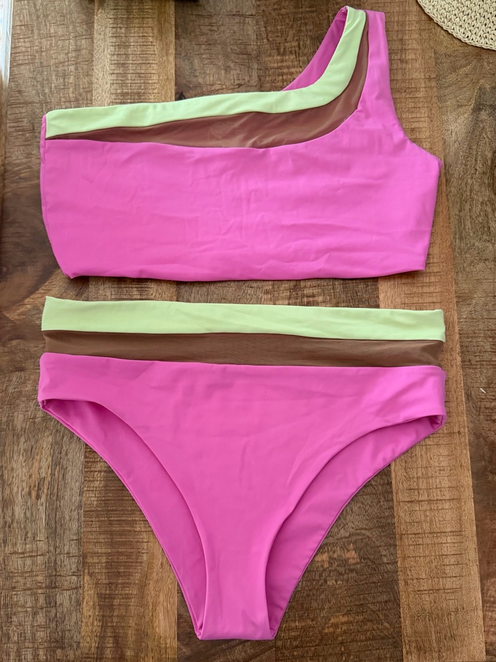 Pink/Mesh One-Shoulder Bikini Set - Picture 1 of 1